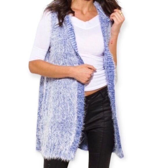 NEW Blue Ice Faux Fur Mid Length Sleeveless Open Front Hooded Teddy Jacket - Picture 3 of 4